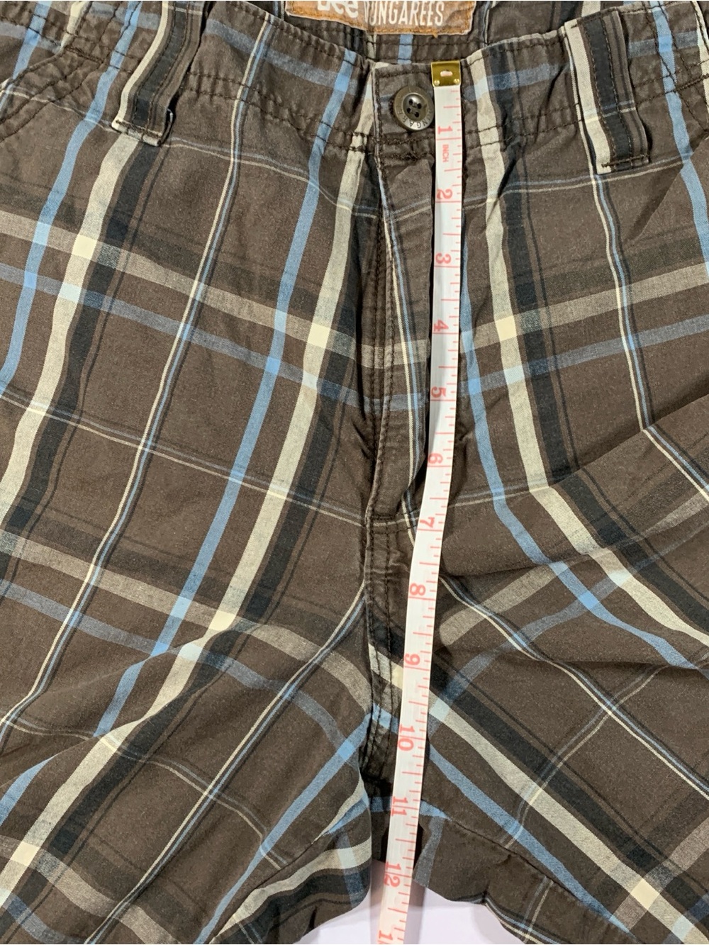 Lee Dungarees Plaid Cargo Shorts 30 Brown Y2K Skater Baggy Grunge - Picture 6 of 7